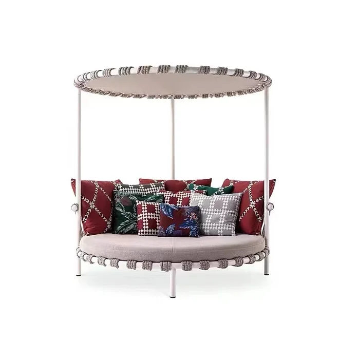 Modern style outdoor furniture all hand-woven rope poolside sofa bed beach round sunbed with canopy