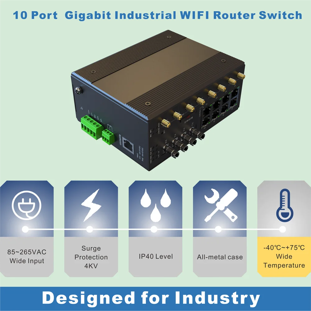 
AC 85-265V 10 Port 8 1000M RJ45 2 1*9 Dual-band WIFI 5G/2.4G Antenna 1 Channel LTE 4G/5G Wireless Industrial Ethernet Switch 