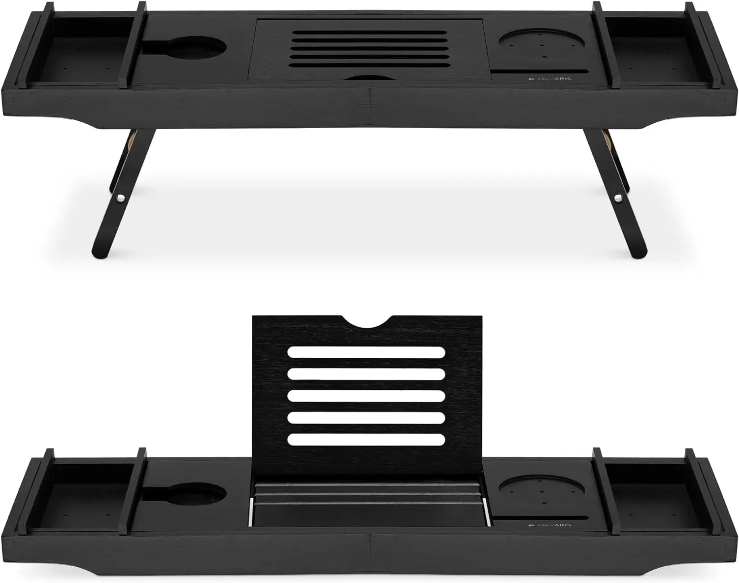 Bed and Bath Tray - Wooden Rack with Folding Legs - Bamboo Bathtub Caddy Bridge Shelf with Book or Tablet Stand - Black