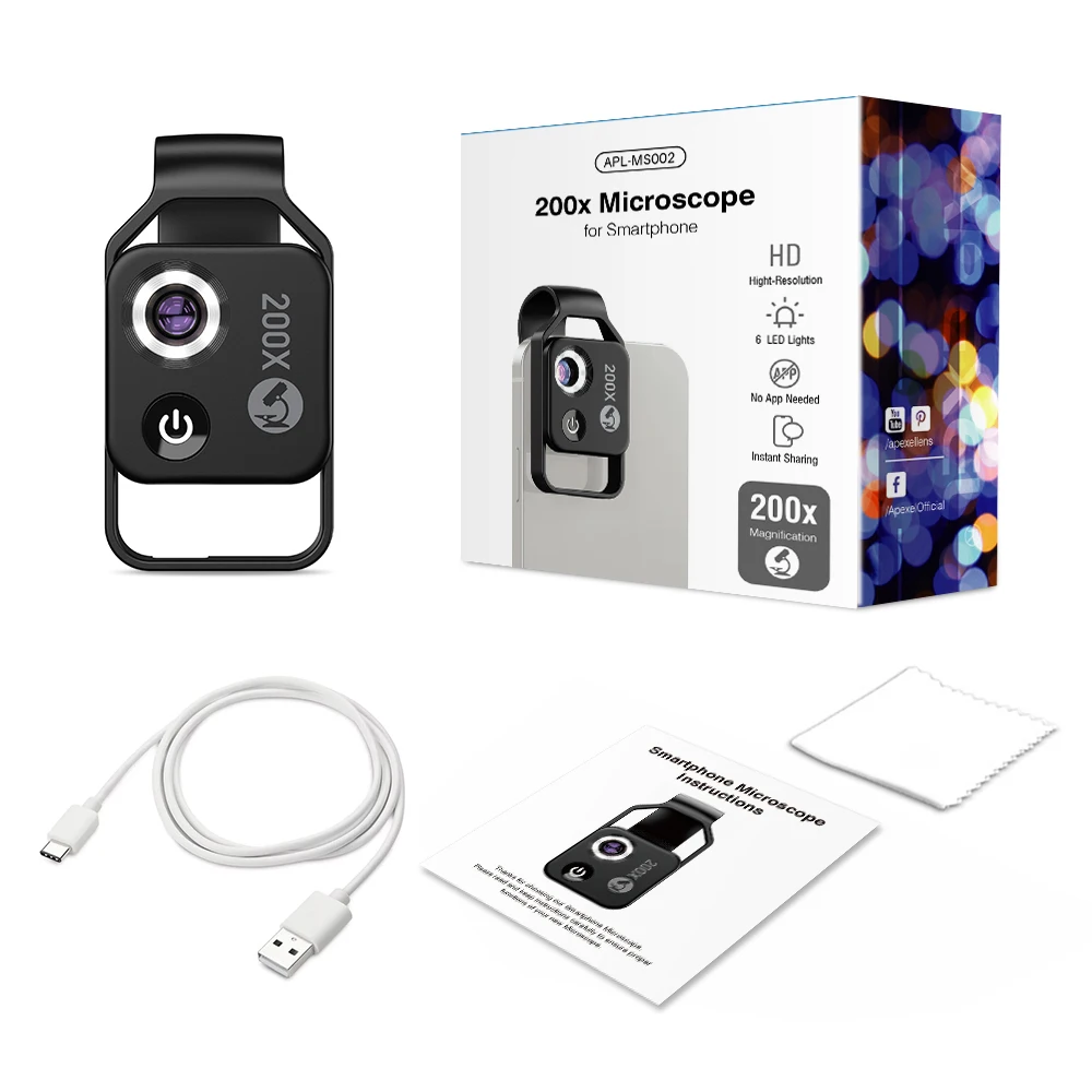 APEXEL 200X Magnifying Glass Mobile Phone Lens with CPL Camera LED Microscope Magnifier Clip for