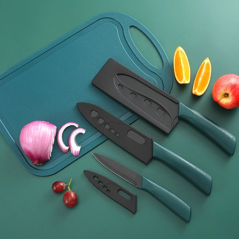 High quality Stainless Steel PP Handle dark green gift seven-piece knife set with cutting board and paring knife
