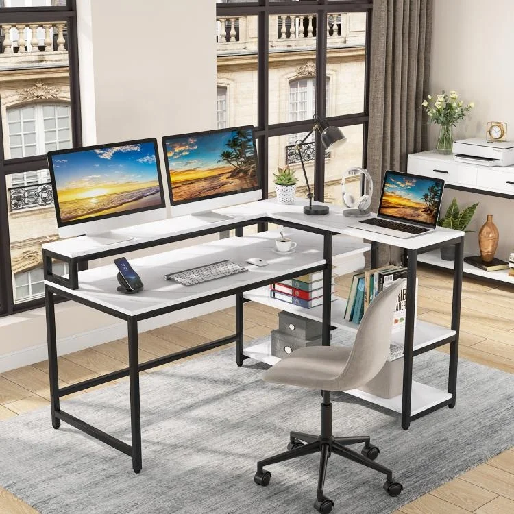 Tribesigns Computer Gaming Desk Reversible L Shaped Modern Wooden Office Desk White Faux Marble Home Office Furniture