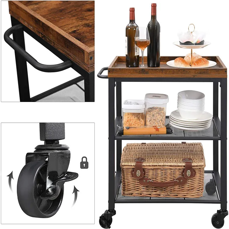 3-tier metal rolling utility cart with handle wheels folding trolley cart for home kitchen black