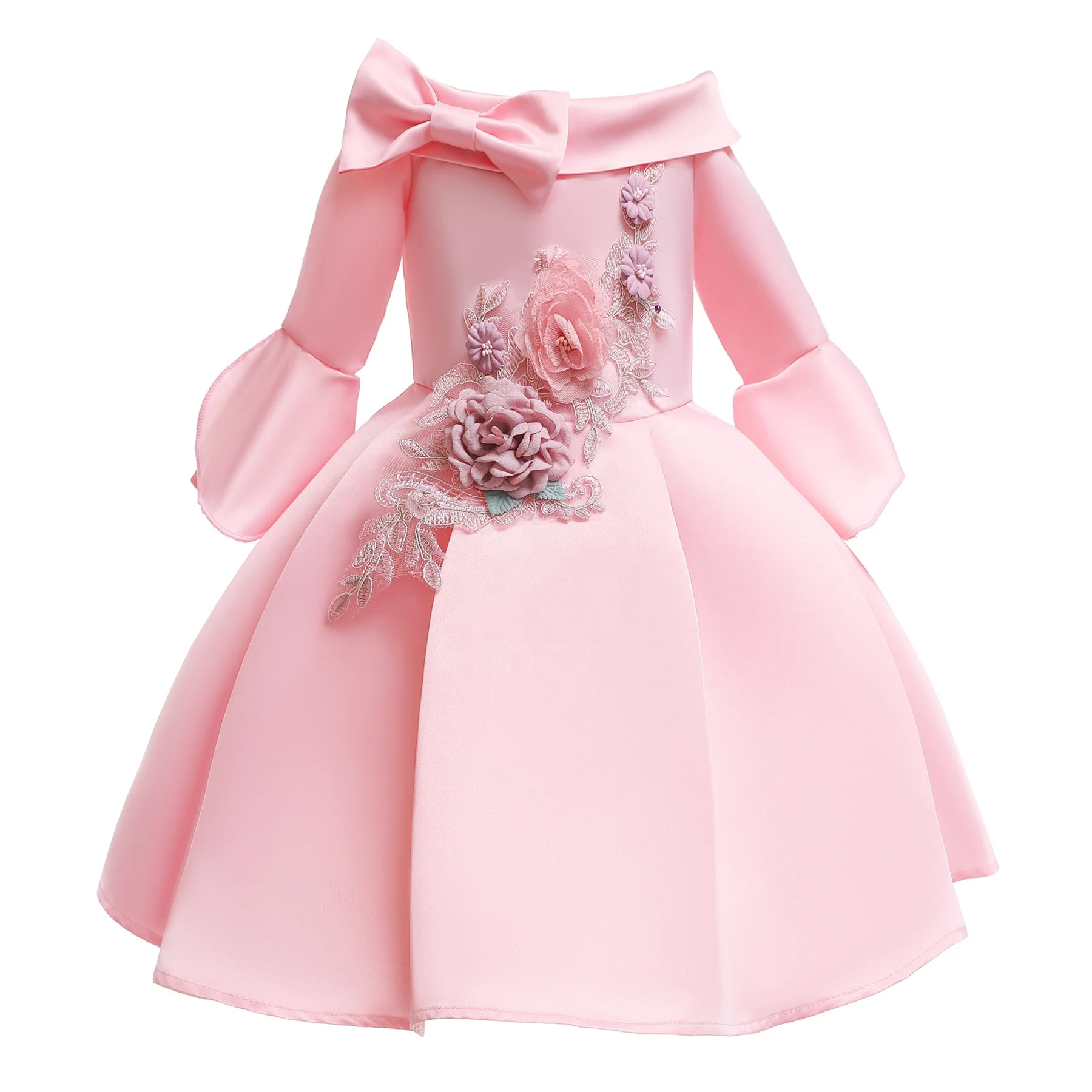 2022 deep pink color luxurious multi-layered Long sleeve Birthday Party born baby girl dress winter princess