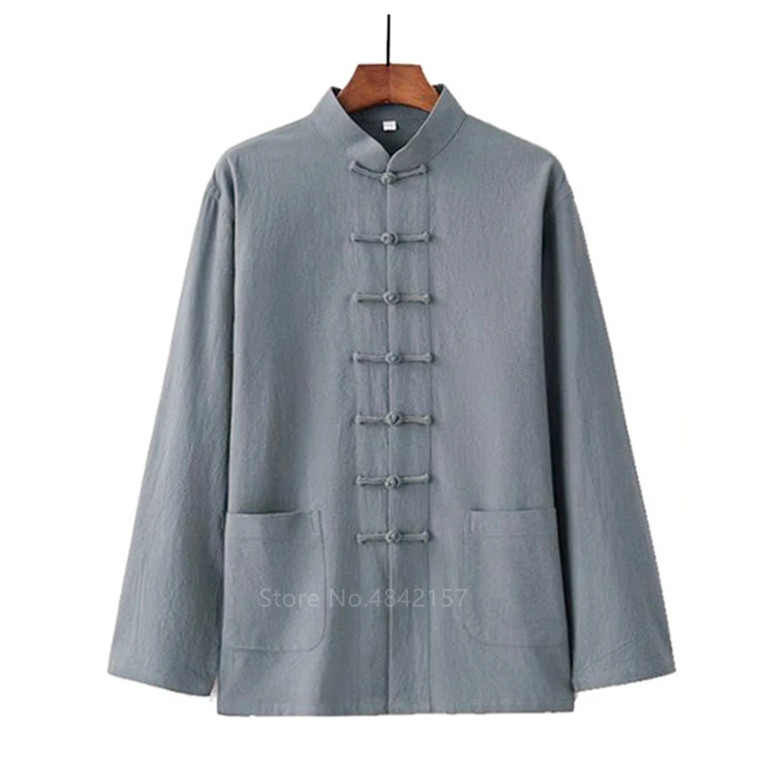 HANO Chinese Style New Year Hanfu Men Tops Kung Fu Solid Linen Tai Chi Wushu Outfit Vintage China Shirt Clothing