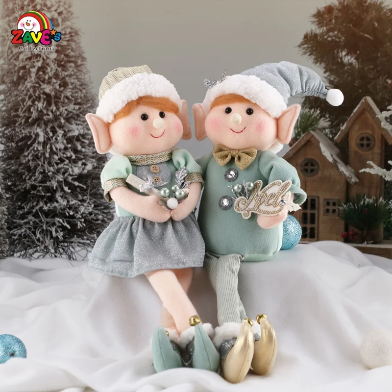 Traditional Christmas Gift Elf Pair Sitting for Home Indoor Decoration with Delicate Handmade Accessories