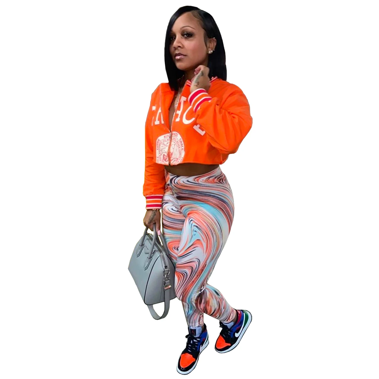 
 2021 зимняя трендовая спортивная одежда 2 шт женские спортивные костюмы модный Галстук окрашенный лоскутный женский укороченный топ Пот Костюмы  