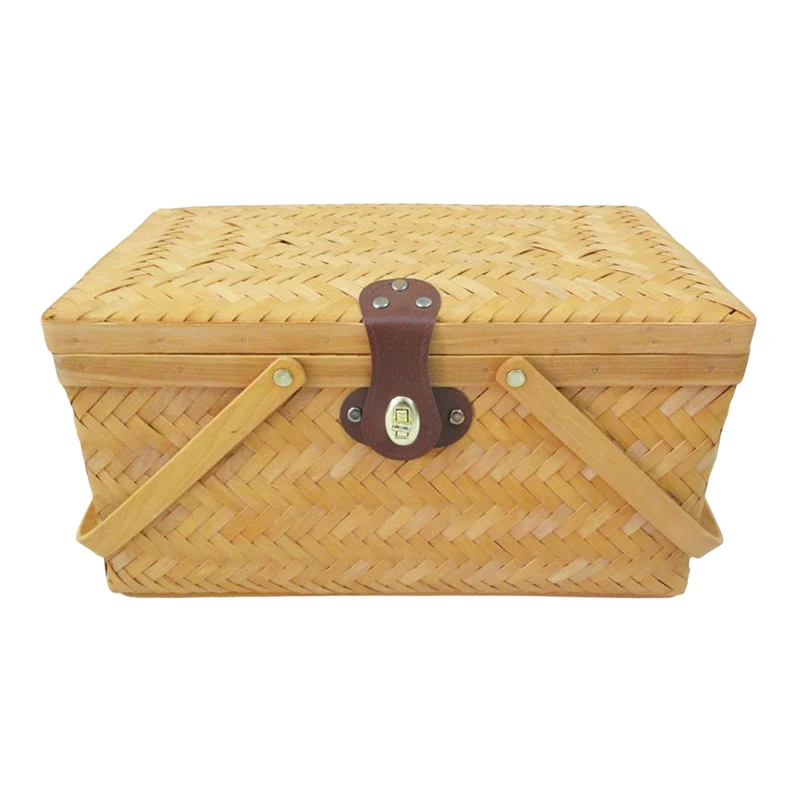 Wholesale Handmade Woven Eco-friendly Woodchip Picnic Storage Basket Wooden Baskets With Handle