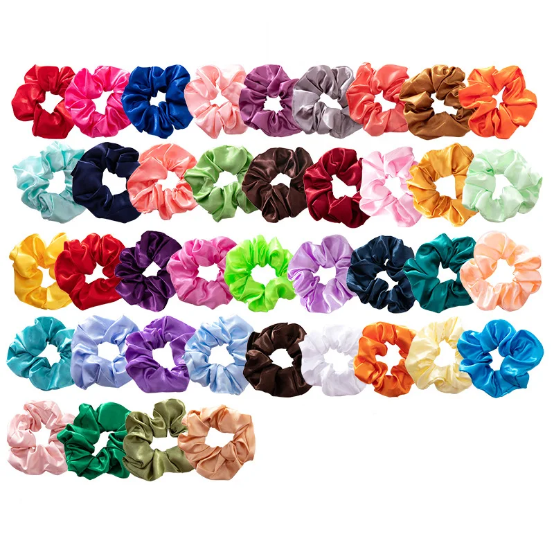 Faux silk fabric 40/50 colors per pack satin hair ties wholesale custom solid color satin scrunchies silk scrunchies