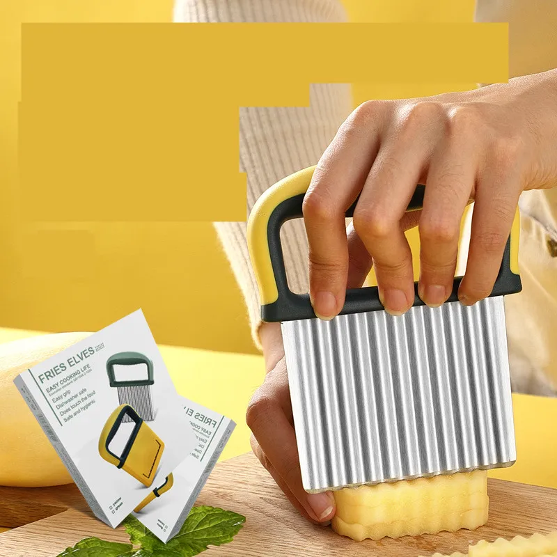 Kitchen Tools Stainless Steel Potato Chip Slicer Vegetable Wave Cutter Potato Curly Fry Cutter Plastic Non Slip Handle