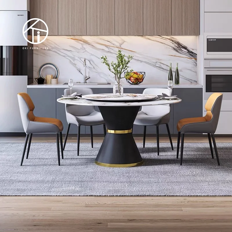 popular round white sintered stone ceramic top Strong metal stand with black powder coated brass 6 seater dining table for home