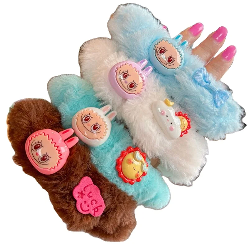 Ruunjoy Cute Labubu plush sausage hair band cute girl cartoon headband tie hair leather band fur hair rope