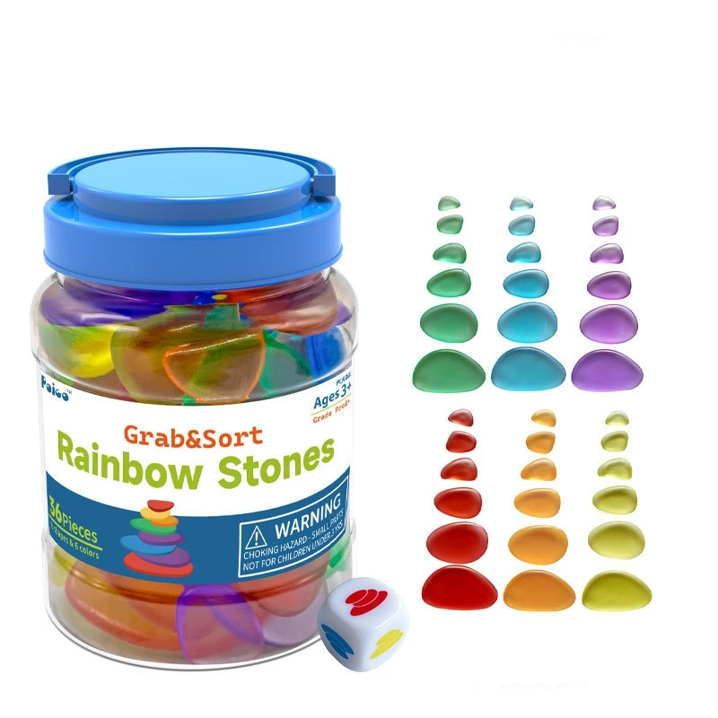 Rainbow Pebbles Clear Colors Mini Jar Sorting and Stacking Stones for Children First Counting and Construction Toy