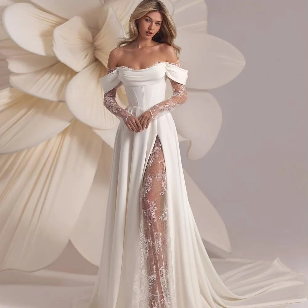 Ruolai WTH016 Simple Satin Strapless A Line Wedding Dress Bridal Gown Off Shoulder Lace Long Sleeves with Front Slit Bride Gown