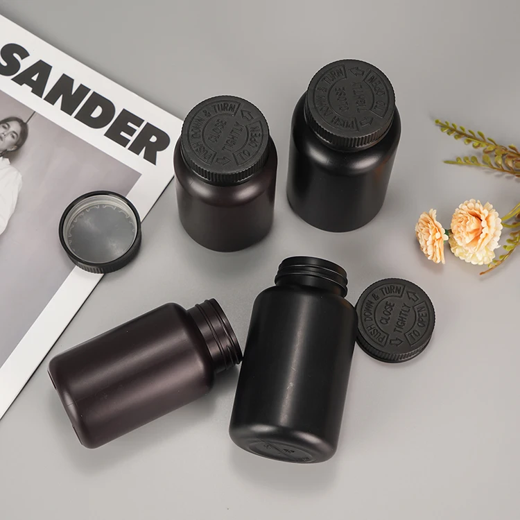 100ml 120ml matte black PET pill bottle with black lid 50cc 80cc 100cc 120cc 250cc 200cc matte black plastic capsule bottles
