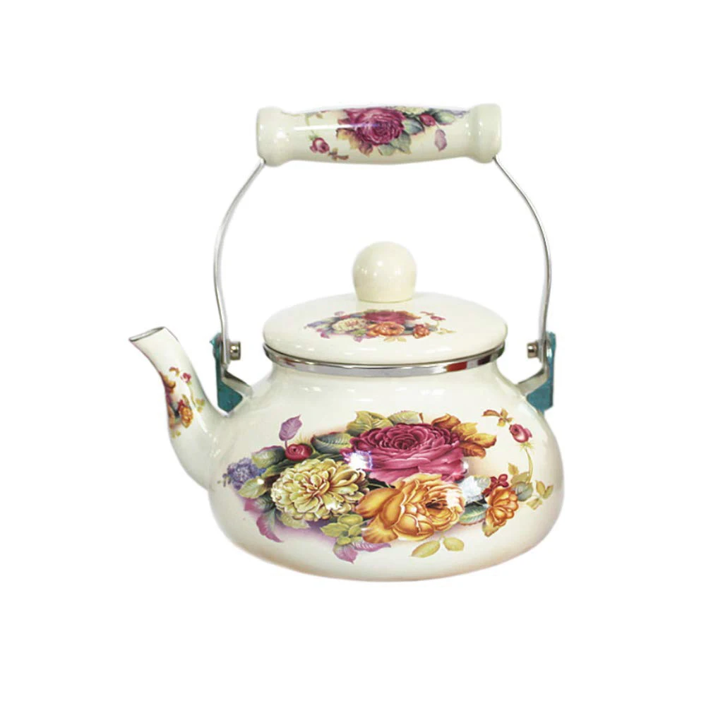 Traditional vintage 2L white cream ivory custom flower pattern whistle enamel metal kitchen coffee water coffee kettle teapot