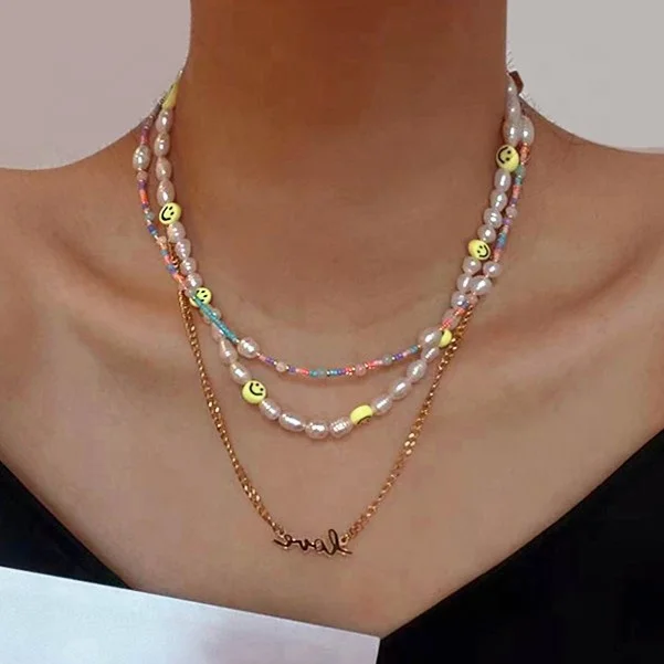 Beach Waterproof Jewelry 18K Stainless Steel Freshwater Pearl Seed Bead Choker Necklace Smiley Pendant Necklaces Wholesale