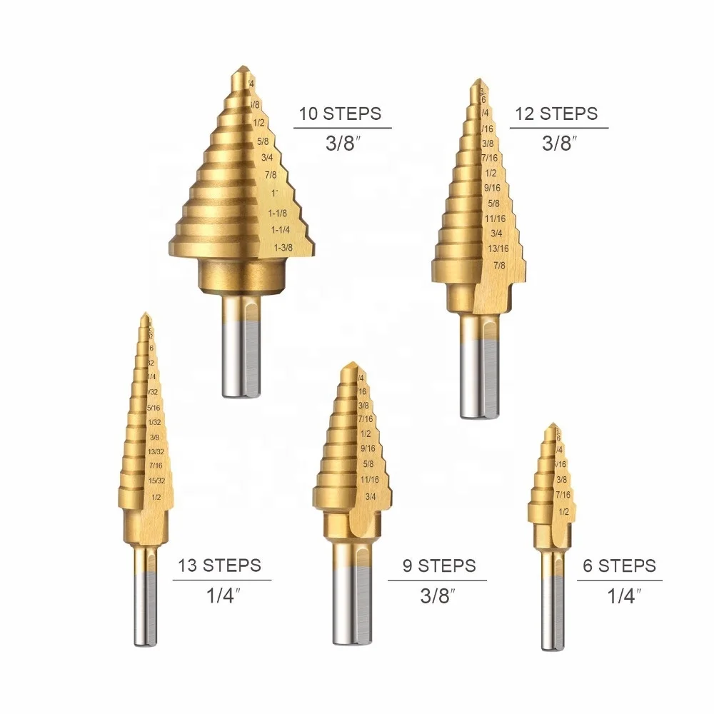 5 PC Step Drill Bit Titanium Coated Groove Handle Pagoda Drill for PVC Thin Steel Wood