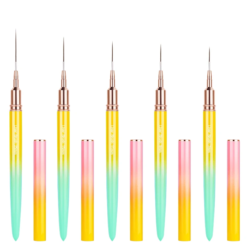 Gradient Pink Striping 5pcs Nail Art Liner Brushes Set Metal Handle Long Very Thin Ultra Fine Line Nail Art Brushes