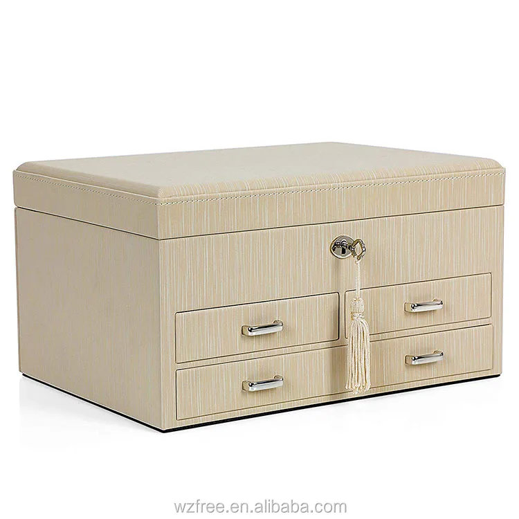 Lockable Jewelry Organizer Fashion Mirror Leather Box 3 Drawers Makeup Case Storage Holders multifunctional portable