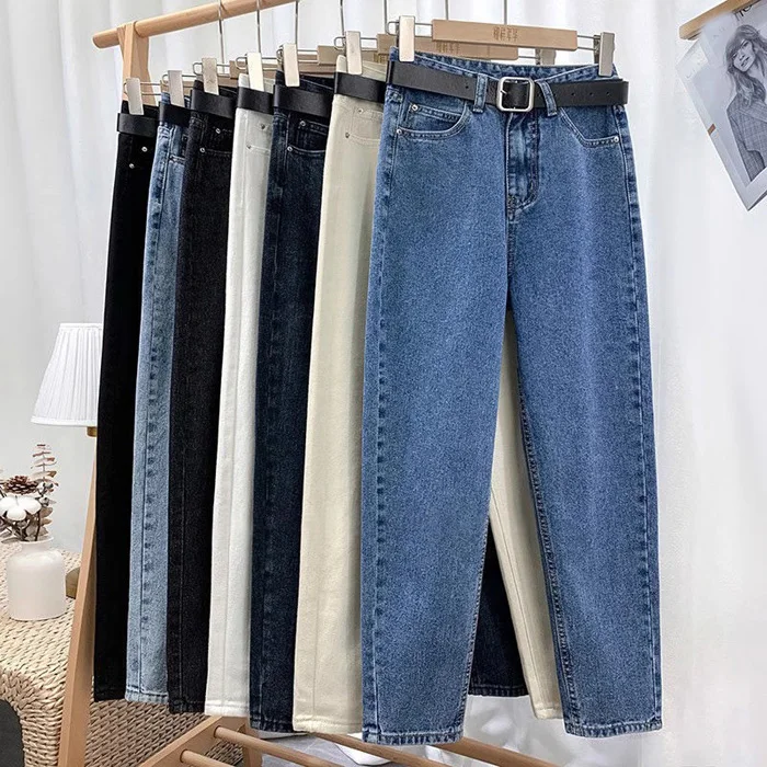 KZ713  New 2024 Korean Chic Solid Color Casual Jeans Pants Women Plus Size Denim Trousers Clothing Wholesale