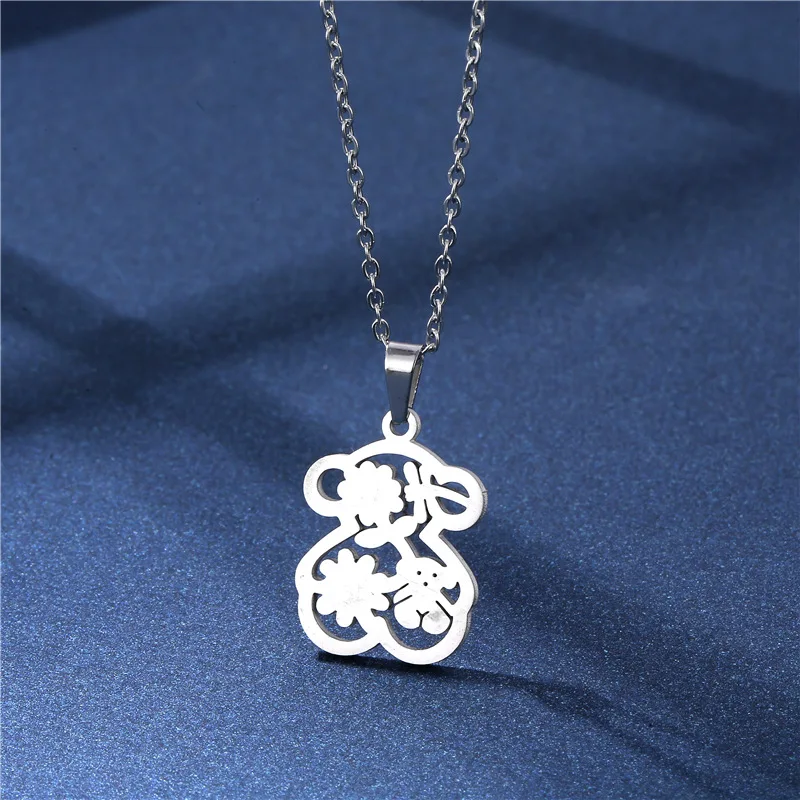 Stainless Steel Bear Necklace Cute Earrings Small Set Female European and American Glossy Flower Sweater Chain Earring Jewelry