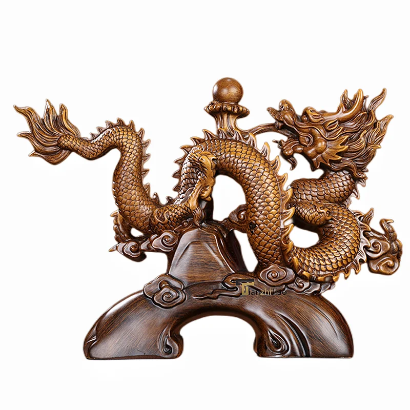 Wood Grain & Gilded Chinese Lucky Fengshui Resin Dragon Sculpture Craft Dragon Statue