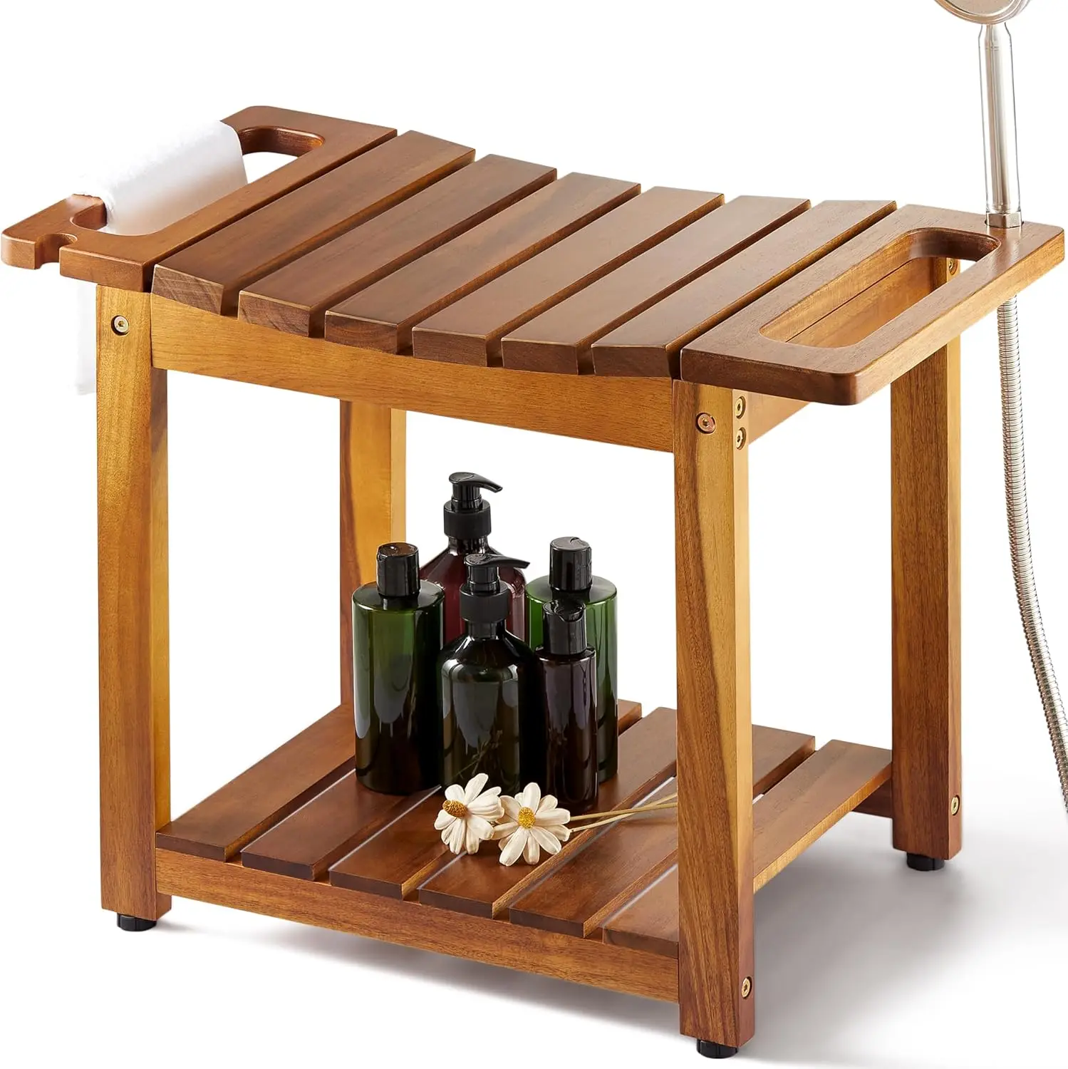 Modern Natural Wood Shower Bench Seat with Storage Shelf for Indoor/Outdoor Bathroom or Hotel Use