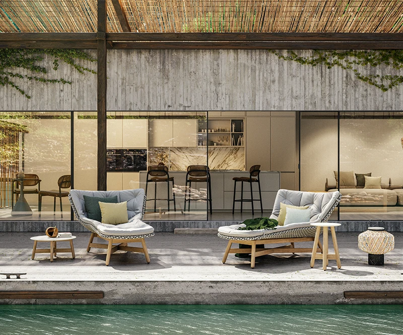 Modern Outdoor Teak Base Rattan Daybed with Cushion Patio Furniture Sun Lounger