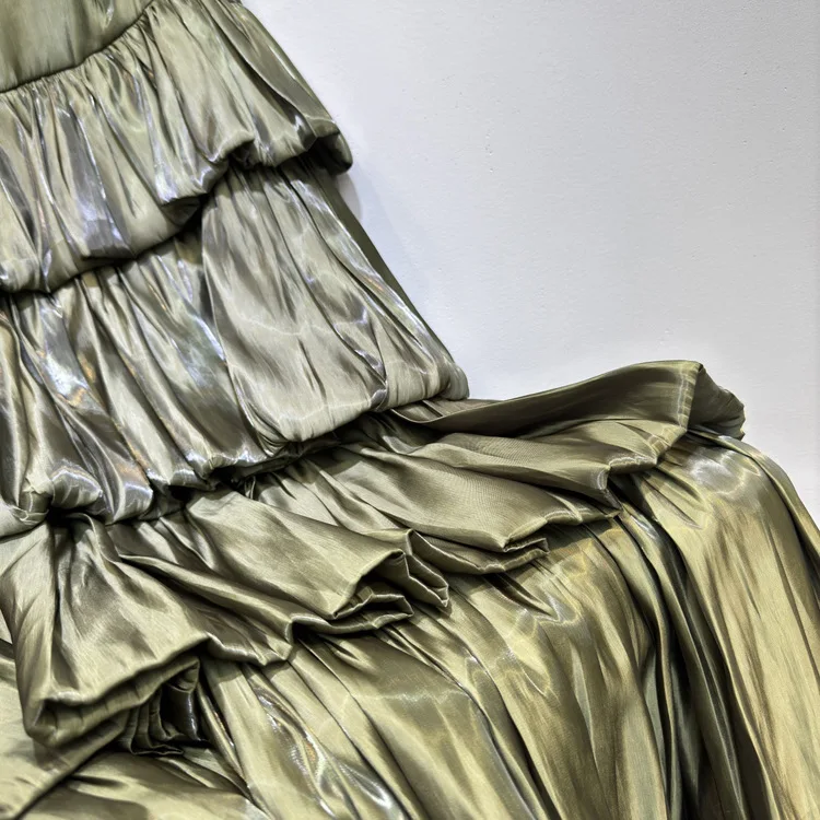 New 2025 Spring Long Skirt High Quality Women High Waist Cascading Ruffle Flower Patterns Long Maxi Skirt Green Black Party Wear