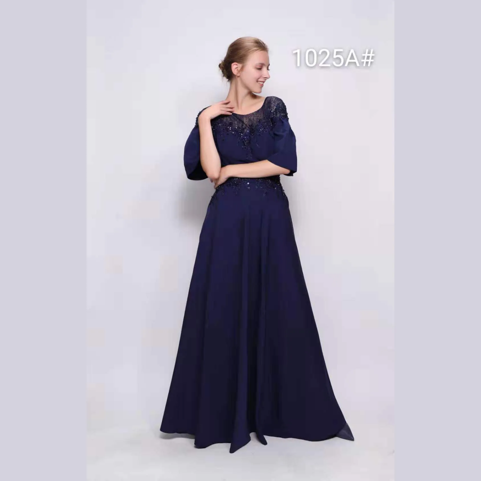 High Quality Women Formal Dress Patterns Evening Dress Satin Women Long Dresses For Party  Navy Blue Fashion Elegant half sleeve