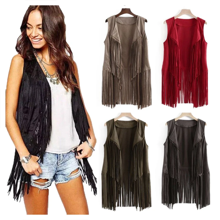 Женский жилет с бахромой, жилет из искусственной замши в стиле хиппи с заклепками, без рукавов, с бахромой, ковбойский хиппи, топы, куртки, пальто для женщин, Новое поступление 2021
