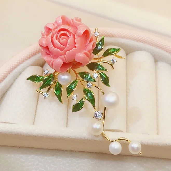 Luxury Broche Bijoux Gold Plated Pink Peony Flower Brooches Pin Elegant Broches De Flores Broches Femmes