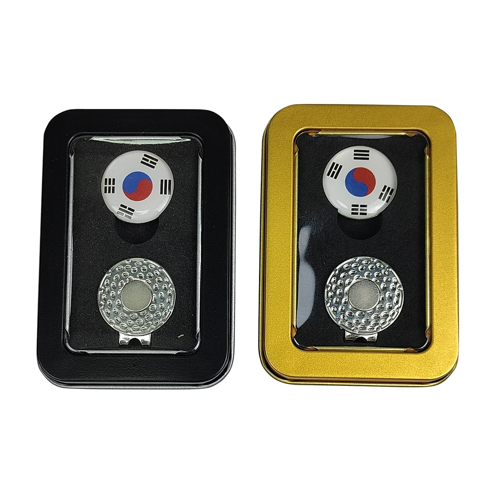 Korea Hot Selling Tinplate Box Golf Gift Flag Hat Clip Marker South Korea Flag Golf Hat Clip Flag Pattern Marker Gift Box