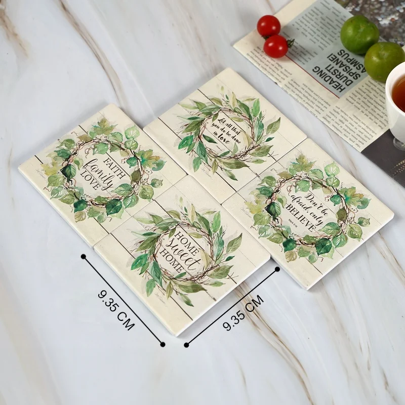 Wholesale customization square marble absorbent ceramic coasters for drinks cup mat in wooden holder