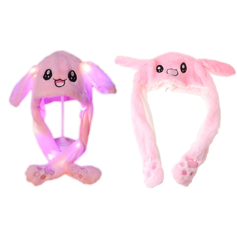 Adult Kids Light Up Plush Animal Hat with Moving Long Ears Cartoon Rabbit Bunny Panda LED Glowing EarflapCap Stuffed