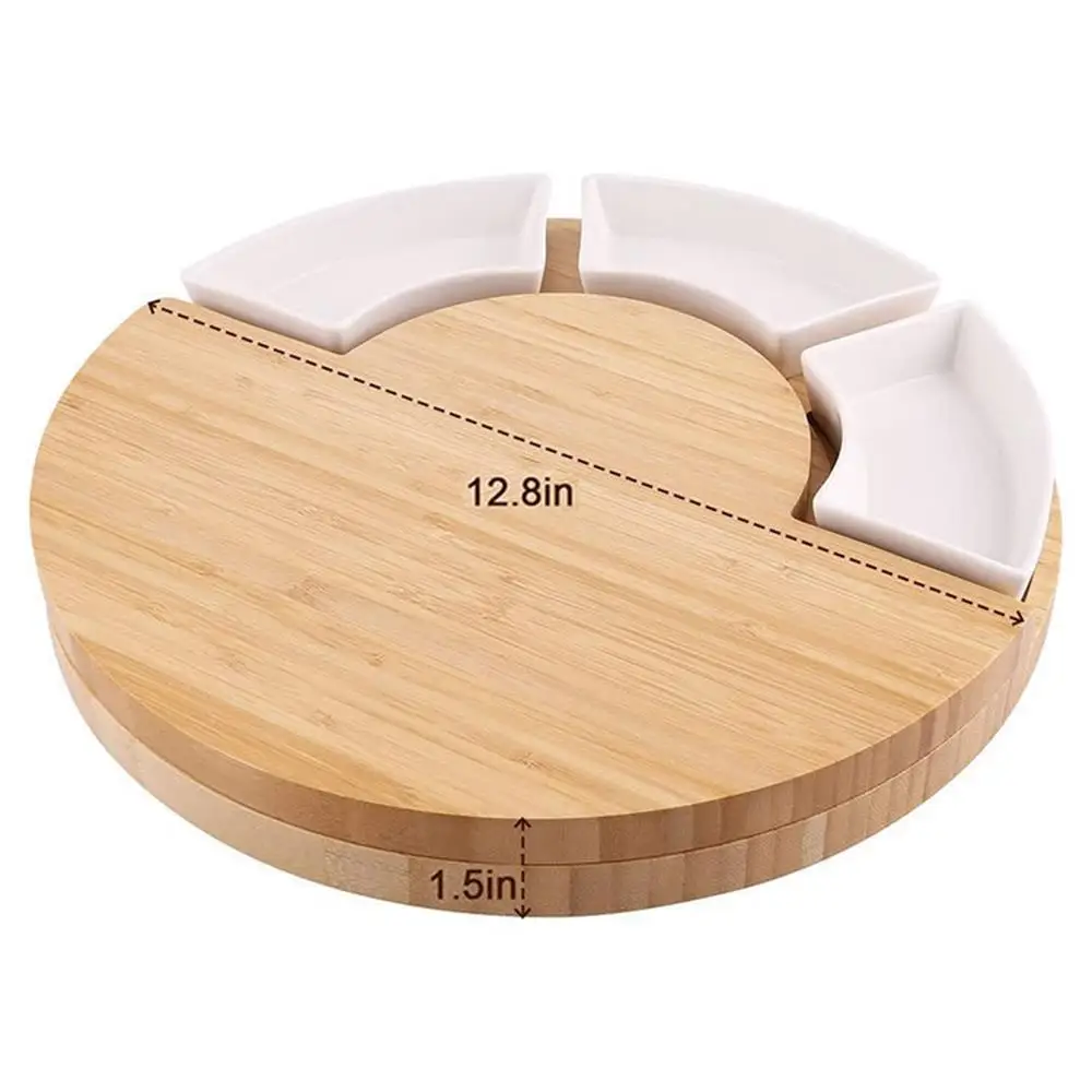 New Arrival Creative Bamboo Cheese Board Pizza Cutting Wood Plate with Ceramic Cheese Knives for Kitchen Party for Christmas