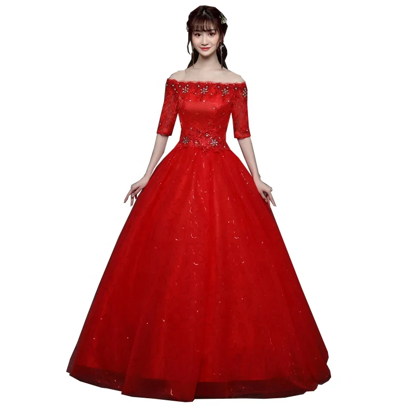 Fashion New Shiny Bright Drill Red Wedding Dress Middle Sleeve Off Shoulder Bridal Gowns Noble Robe De Mariage Vestidos De Novia