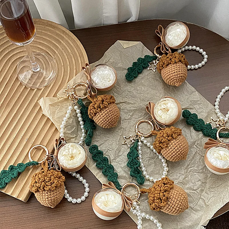 New Squirrel Acorn Preserved Flower Knitting Crochet Acorn Pendant Bag Accessories Keychain With Gift Box