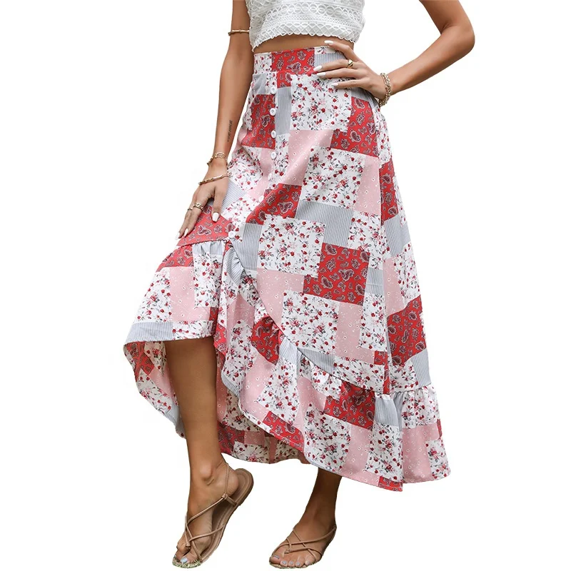 2021 новые летние Асимметричные принтованные тонкие женские шифоновые юбки в этническом стиле