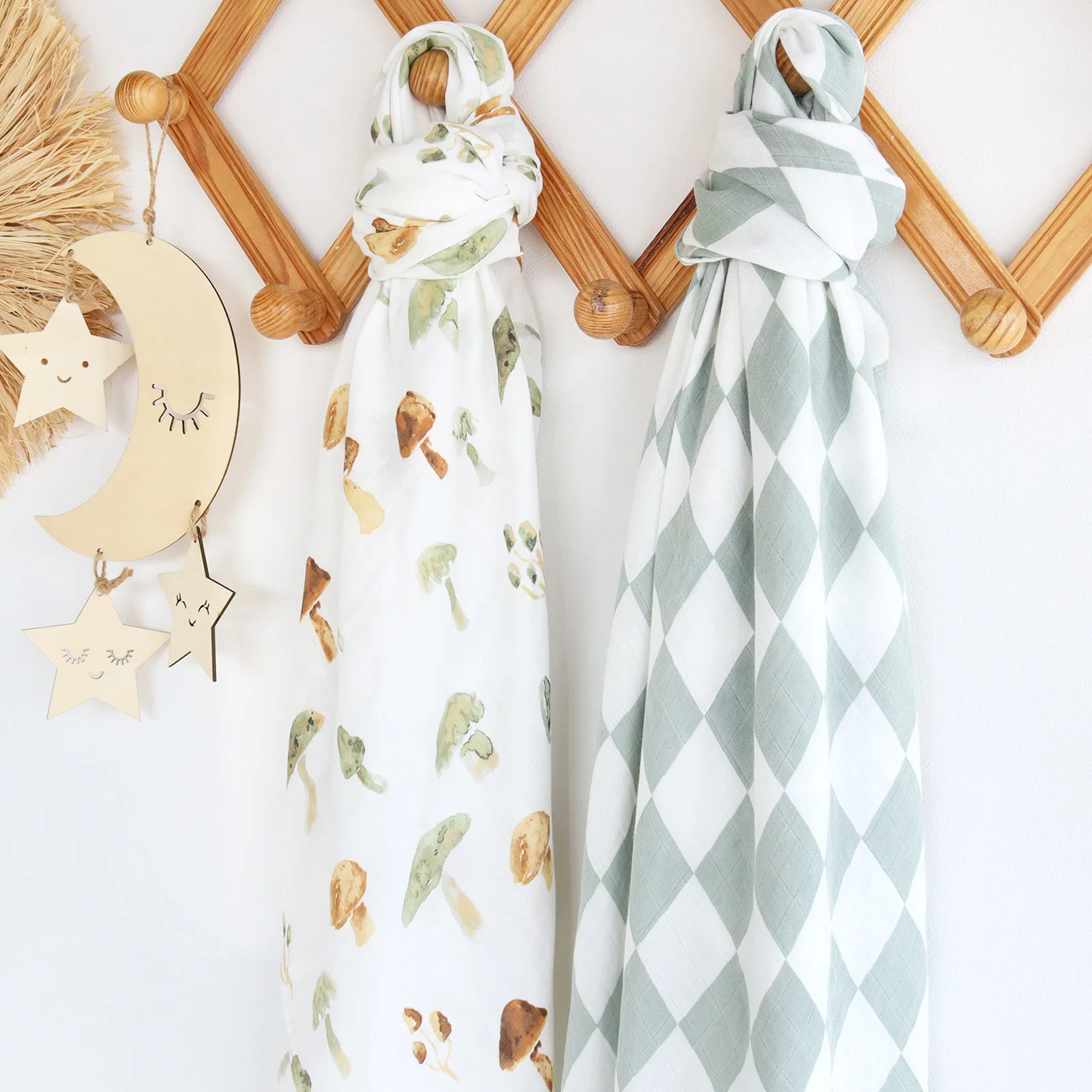 2024 Custom 2 Layers For Newborn Baby mushroom forest checkers Bamboo Cotton Baby Muslin Swaddle Warp Set