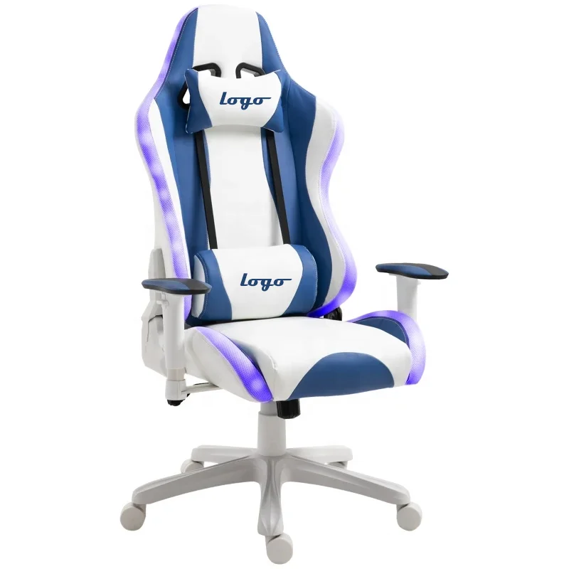 White Blue game chair RGB LED Light Gaming Chair PU Leather High Back Thick Padding Office Chair with Removable Pillows
