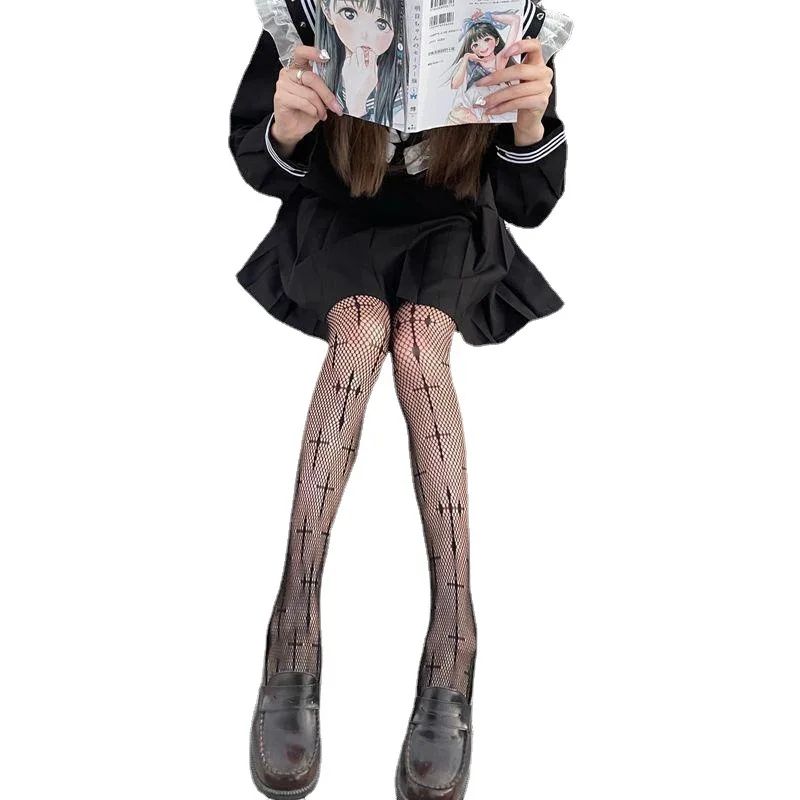 Transparent Cross Pattern Jacquard Sexy Pantyhose Cutout Women Fishnet Lace Stockings