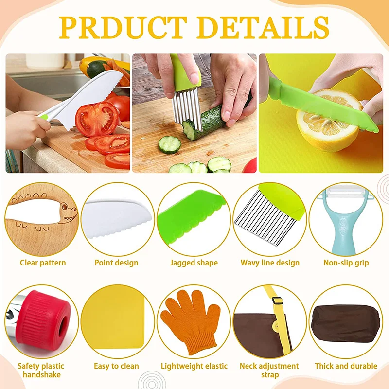 Customizable Kids cooking tool Set 14 Pcs Includes Kids Apron, Wood Kids Safe Plastic Toddler Knife, Cutting Board, Apron