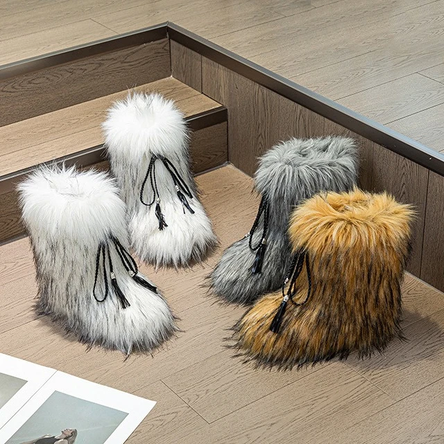 2024 Hot Selling Ladies Imitation Raccoon Fur Boots Factory Wholesale High Quality Snow Boots Fur Snow Boots