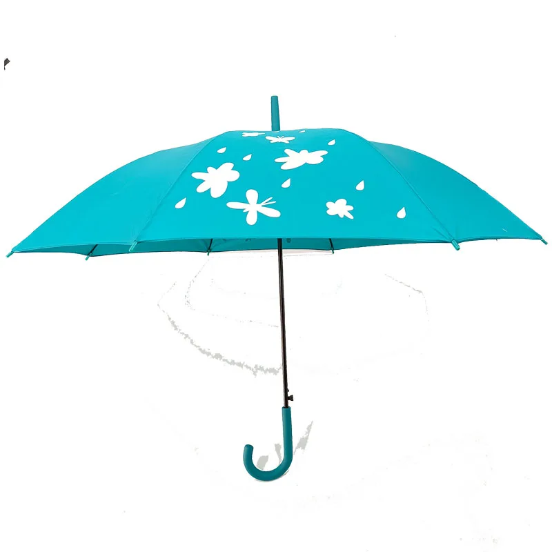 Lake Blue Butterfly Change Color Customized Logo Print Semi-automatic Windproof Straight Umbrella With Matching Color J Handle