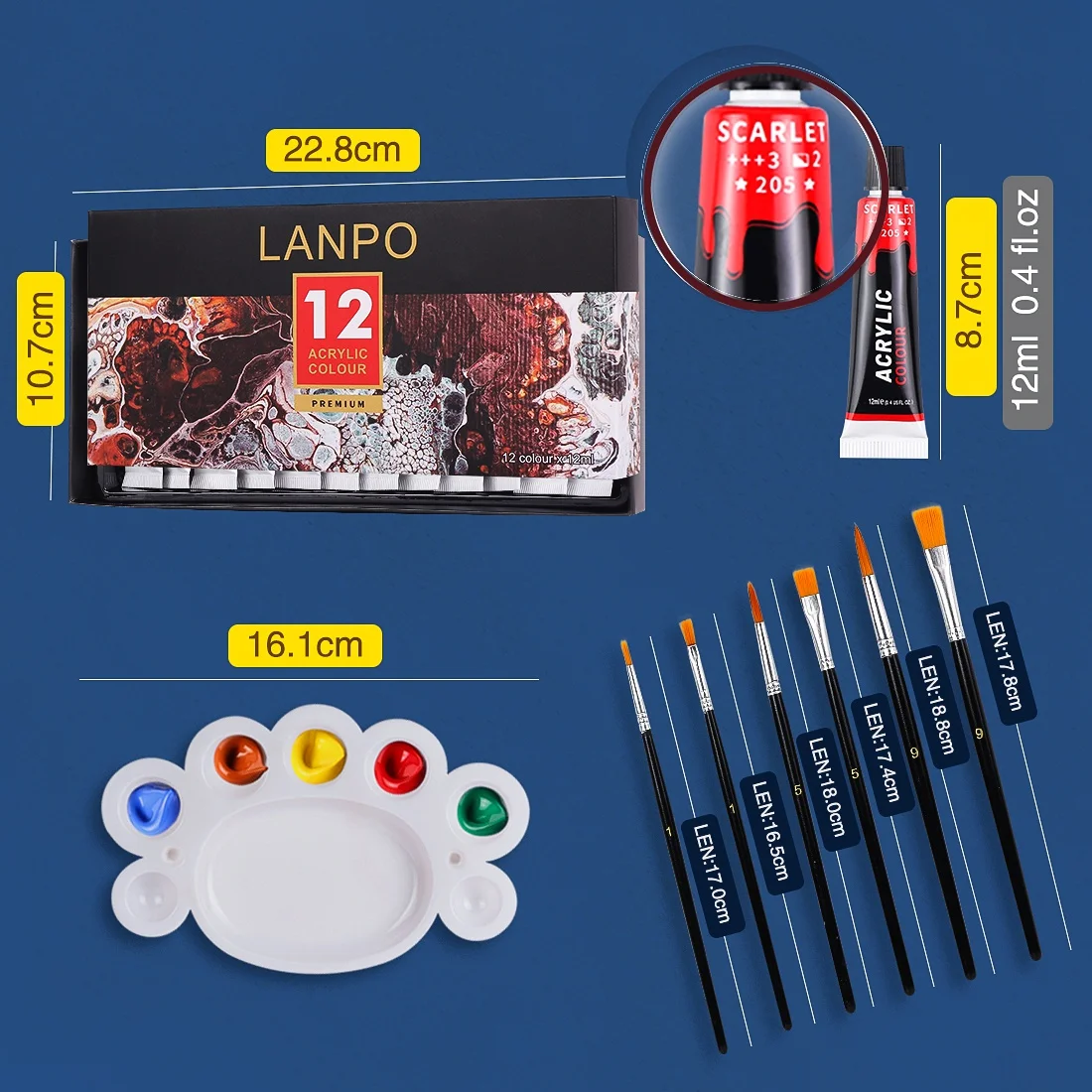 Professional 12-Color Acrylic Paint Set Wall Textile Shoes Nail Art Hand Painted DIY Toxic Glass OEM Packaging-for Canvas Paper