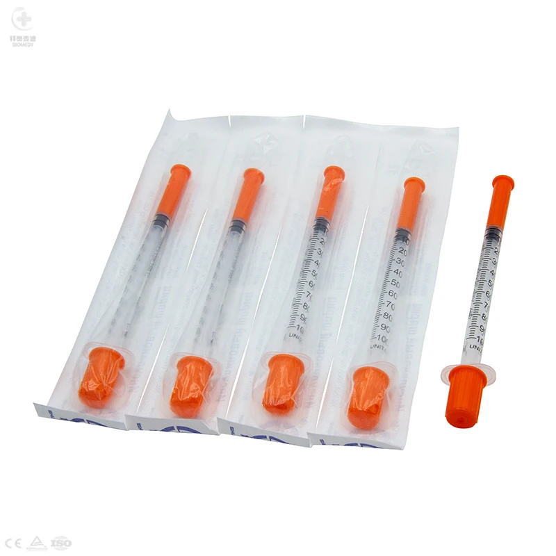 Medical supply sterile Disposable plastic blister Safety Free Sample 1ml Colored Orange Insulin Syringe U100 U50 With Needle CE