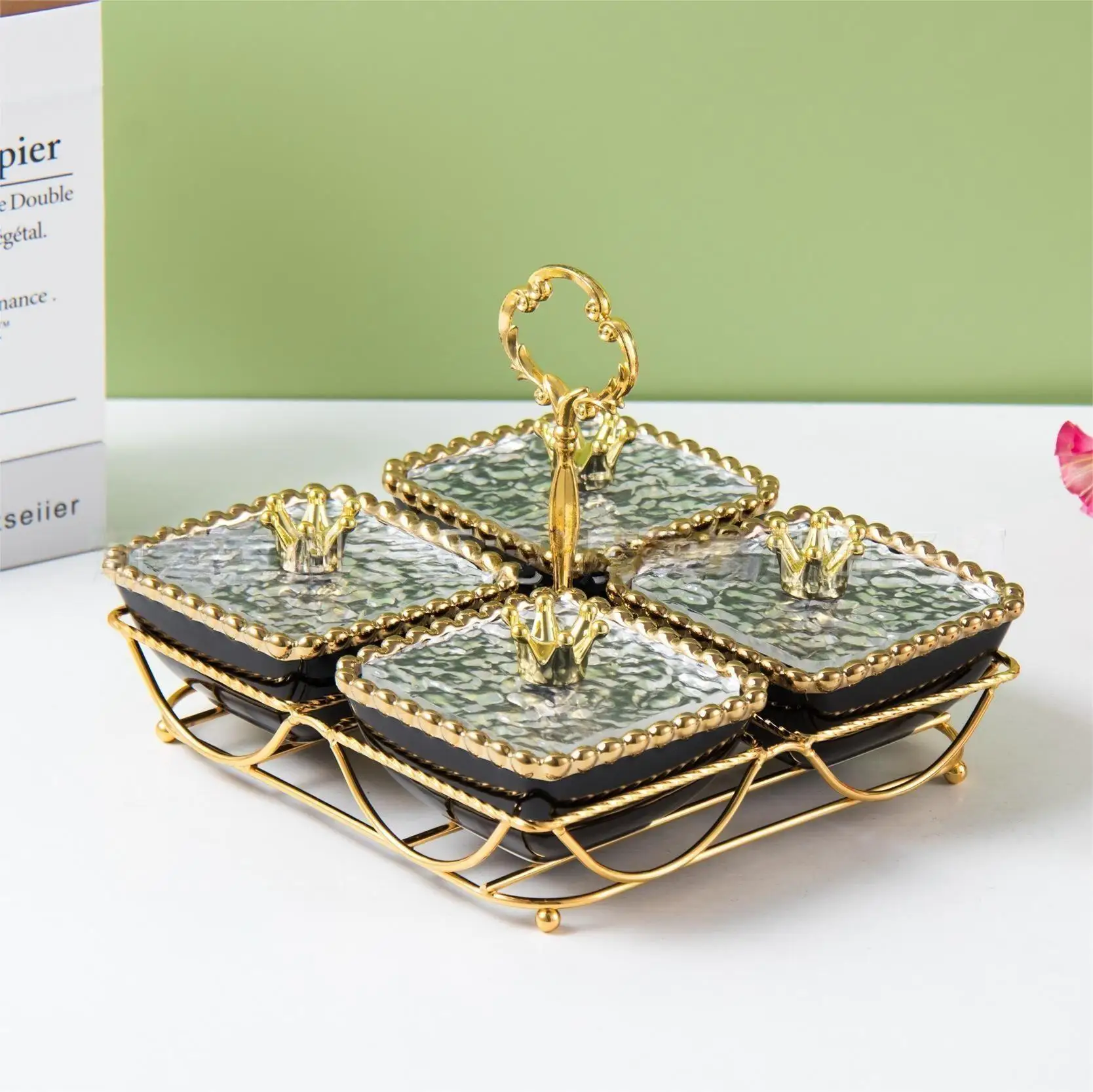 Luxury Design Nuts Food Storage With Ceramic Bowls Golden Metal Dry Fruit Tray