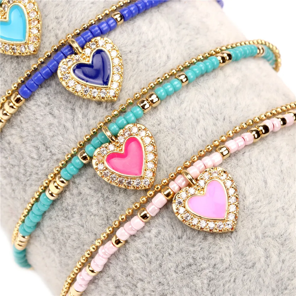 Fashion Cute CZ Micro Paved Double Layers Miyuki Rice Bead Chain Bracelet Glass Beads Rainbow Enamel Love Heart Charm Bracelet